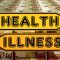 Yellow directional sign with HEALTH and ILLNESS text over a backdrop of 50-euro banknotes